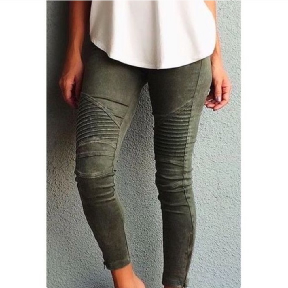 Army green suede moto leggings